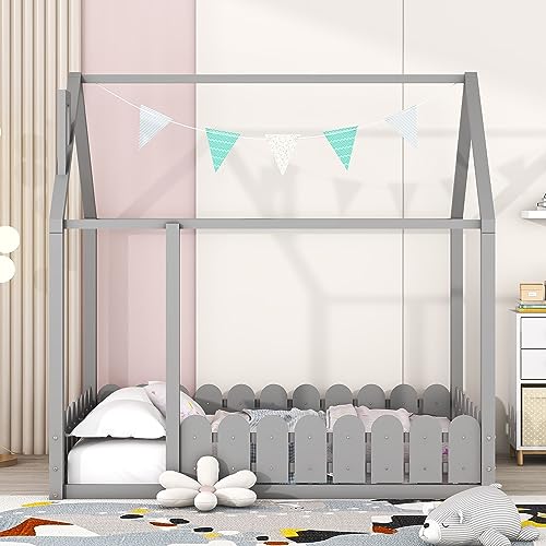 Harper & Bright Designs Full Size House Bed for Kids,Montessori Floor Bed with Fence-Shaped Rails, Wood Full Baby Floor Bed Frame for Girls, Boys,Grey