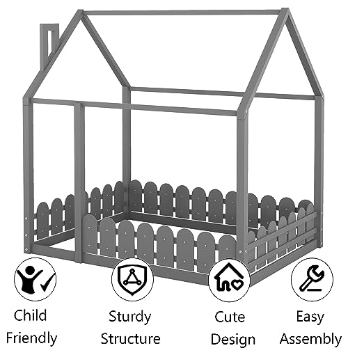 Harper & Bright Designs Full Size House Bed for Kids,Montessori Floor Bed with Fence-Shaped Rails, Wood Full Baby Floor Bed Frame for Girls, Boys,Grey