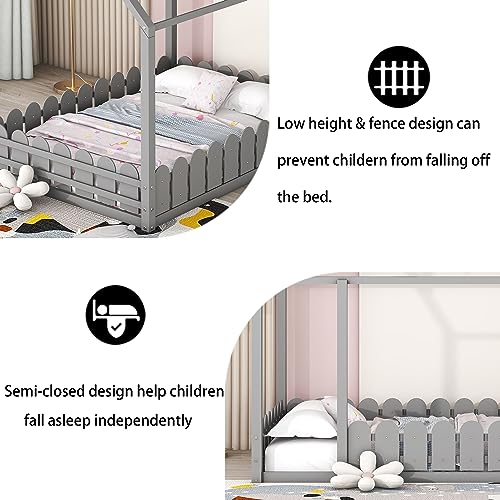 Harper & Bright Designs Full Size House Bed for Kids,Montessori Floor Bed with Fence-Shaped Rails, Wood Full Baby Floor Bed Frame for Girls, Boys,Grey