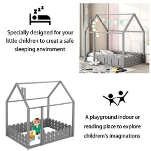 Harper & Bright Designs Full Size House Bed for Kids,Montessori Floor Bed with Fence-Shaped Rails, Wood Full Baby Floor Bed Frame for Girls, Boys,Grey