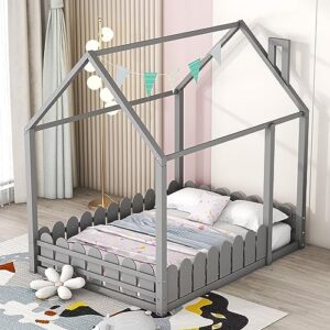 Harper & Bright Designs Full Size House Bed for Kids,Montessori Floor Bed with Fence-Shaped Rails, Wood Full Baby Floor Bed Frame for Girls, Boys,Grey