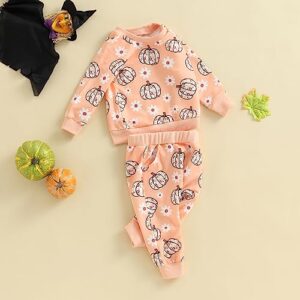 mdnhsb Toddler Baby Girl Clothes Flower Pumpkin Print Sweatshirts Elastic Waist Long Pants Sets Halloween Outfits (A-Orange, 12-18 Months)