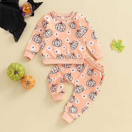 mdnhsb Toddler Baby Girl Clothes Flower Pumpkin Print Sweatshirts Elastic Waist Long Pants Sets Halloween Outfits (A-Orange, 12-18 Months)