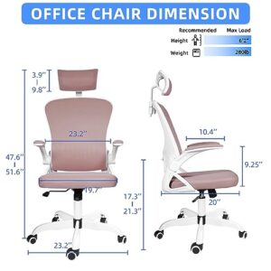 Mimager High Back Office Chair, Mesh Office Chair with Lumbar Support, Desk Chairs with Wheels, Adjustable Headrest, Task Chair Flip-Up Arms, Executive Office Chair for Home, Pink