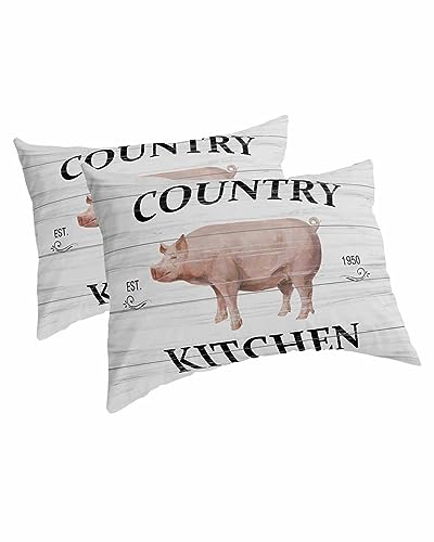 Edwiinsa Farmhouse Pig Pillow Covers King Standard Set of 2 20x36 Bed Pillow, Farm Animals Rustic Oil Painting Wooden Plush Soft Comfort for Hair/Skin Cooling Pillowcases with Envelop Closure