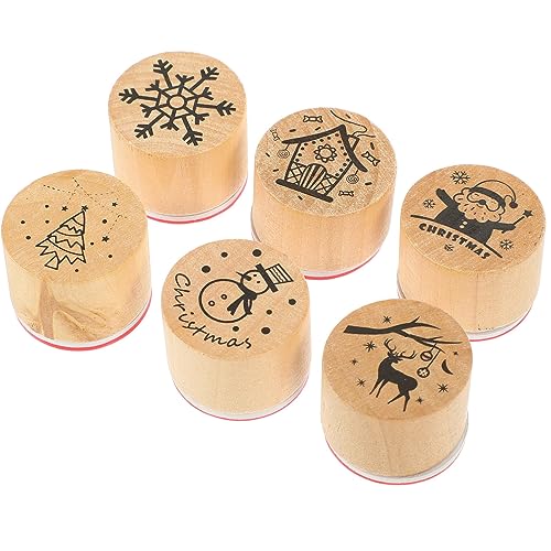 Didiseaon Decor 6pcs Christmas Wooden Stamps Set Round Wooden Rubber Stamps Merry Christmas Pattern Stamp Stocking Stuffer for DIY Arts Crafts Card Making ing Scrapbook