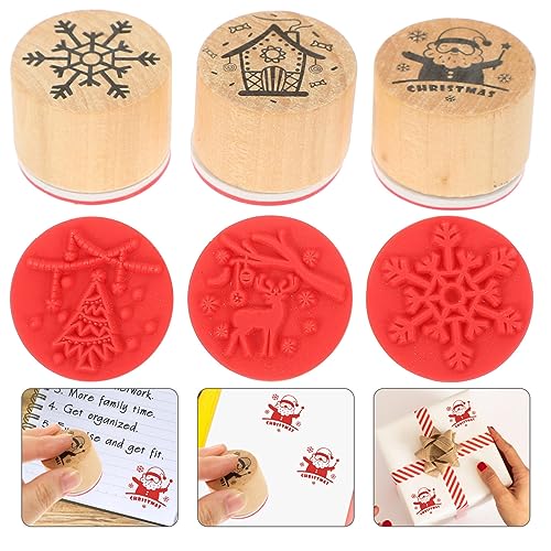 Didiseaon Decor 6pcs Christmas Wooden Stamps Set Round Wooden Rubber Stamps Merry Christmas Pattern Stamp Stocking Stuffer for DIY Arts Crafts Card Making ing Scrapbook