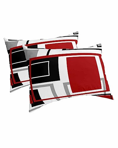 Edwiinsa Red Gray Black Geometric Pillow Covers King Standard Set of 2 20x36 Bed Pillow, Modern Abstract Art Aesthetics Plush Soft Comfort for Hair/Skin Cooling Pillowcases with Envelop Closure