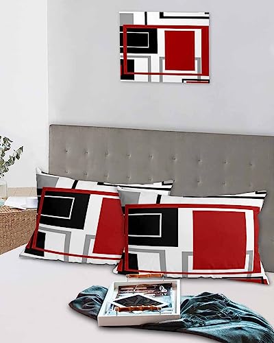 Edwiinsa Red Gray Black Geometric Pillow Covers King Standard Set of 2 20x36 Bed Pillow, Modern Abstract Art Aesthetics Plush Soft Comfort for Hair/Skin Cooling Pillowcases with Envelop Closure