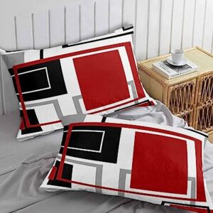 Edwiinsa Red Gray Black Geometric Pillow Covers King Standard Set of 2 20x36 Bed Pillow, Modern Abstract Art Aesthetics Plush Soft Comfort for Hair/Skin Cooling Pillowcases with Envelop Closure