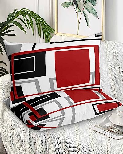 Edwiinsa Red Gray Black Geometric Pillow Covers King Standard Set of 2 20x36 Bed Pillow, Modern Abstract Art Aesthetics Plush Soft Comfort for Hair/Skin Cooling Pillowcases with Envelop Closure