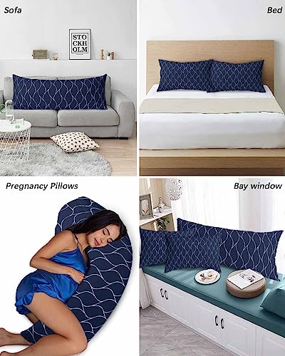 Edwiinsa Navy Blue Pillow Covers King Size 20x40 Bed Pillow, White Wave Pattern Modern Abstract Art Aesthetics Plush Soft Comfort for Hair/Skin Cooling Pillowcases with Envelop Closure