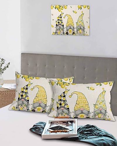 Edwiinsa Summer Lemon Pillow Covers Standard Size Set of 2 20x26 Bed Pillow, Rustic Spring Floral Gnomes Plush Soft Comfort for Hair/Skin Cooling Pillowcases with Envelop Closure