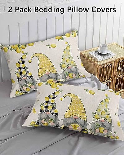 Edwiinsa Summer Lemon Pillow Covers Standard Size Set of 2 20x26 Bed Pillow, Rustic Spring Floral Gnomes Plush Soft Comfort for Hair/Skin Cooling Pillowcases with Envelop Closure