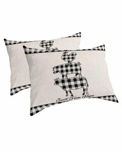 edwiinsa farmhouse pig cow rooster pillow covers standard size set of 2 20x26 bed pillow, rustic black white plaid burlap plush soft comfort for hair/skin cooling pillowcases with envelop closure