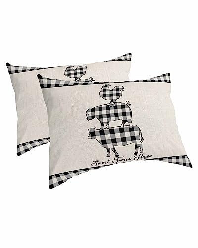 Edwiinsa Farmhouse Pig Cow Rooster Pillow Covers Standard Size Set of 2 20x26 Bed Pillow, Rustic Black White Plaid Burlap Plush Soft Comfort for Hair/Skin Cooling Pillowcases with Envelop Closure