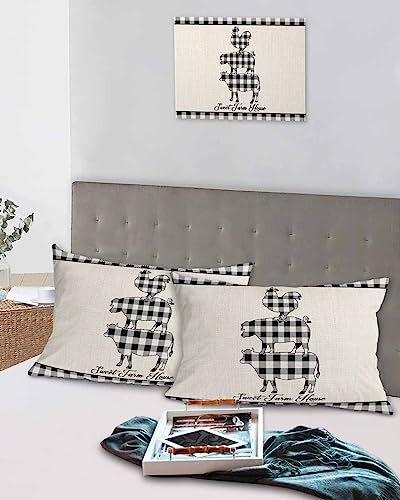 Edwiinsa Farmhouse Pig Cow Rooster Pillow Covers Standard Size Set of 2 20x26 Bed Pillow, Rustic Black White Plaid Burlap Plush Soft Comfort for Hair/Skin Cooling Pillowcases with Envelop Closure