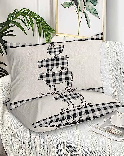 Edwiinsa Farmhouse Pig Cow Rooster Pillow Covers Standard Size Set of 2 20x26 Bed Pillow, Rustic Black White Plaid Burlap Plush Soft Comfort for Hair/Skin Cooling Pillowcases with Envelop Closure