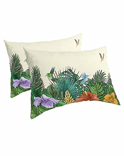 Edwiinsa Summer Tropical Plant Pillow Covers Standard Size Set of 2 20x26 Bed Pillow, Rustic Green Spring Floral Birds Plush Soft Comfort for Hair/Skin Cooling Pillowcases with Envelop Closure