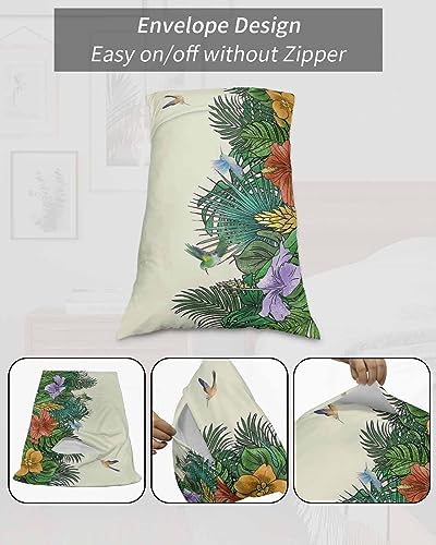 Edwiinsa Summer Tropical Plant Pillow Covers Standard Size Set of 2 20x26 Bed Pillow, Rustic Green Spring Floral Birds Plush Soft Comfort for Hair/Skin Cooling Pillowcases with Envelop Closure