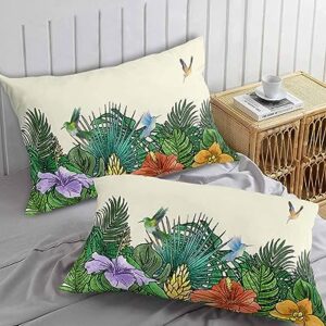 Edwiinsa Summer Tropical Plant Pillow Covers Standard Size Set of 2 20x26 Bed Pillow, Rustic Green Spring Floral Birds Plush Soft Comfort for Hair/Skin Cooling Pillowcases with Envelop Closure