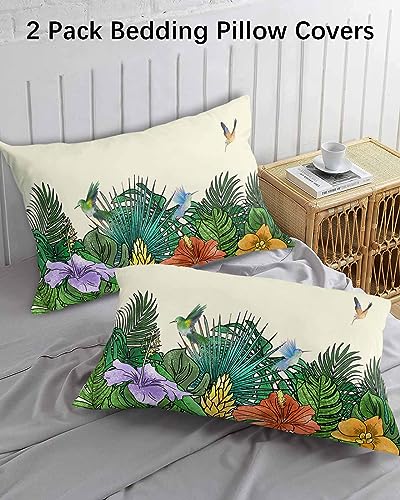 Edwiinsa Summer Tropical Plant Pillow Covers Standard Size Set of 2 20x26 Bed Pillow, Rustic Green Spring Floral Birds Plush Soft Comfort for Hair/Skin Cooling Pillowcases with Envelop Closure