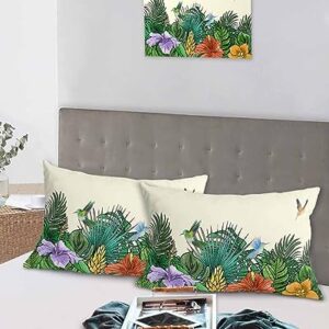 Edwiinsa Summer Tropical Plant Pillow Covers Standard Size Set of 2 20x26 Bed Pillow, Rustic Green Spring Floral Birds Plush Soft Comfort for Hair/Skin Cooling Pillowcases with Envelop Closure