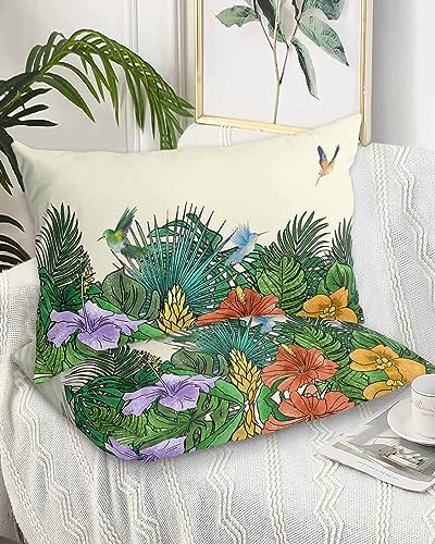 Edwiinsa Summer Tropical Plant Pillow Covers Standard Size Set of 2 20x26 Bed Pillow, Rustic Green Spring Floral Birds Plush Soft Comfort for Hair/Skin Cooling Pillowcases with Envelop Closure