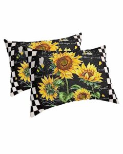 sunflower pillow covers standard size set of 2 20x26 bed pillow, farmhouse spring floral bee rustic black white plaid plush soft comfort for hair/ skin cooling pillowcases with envelop closure