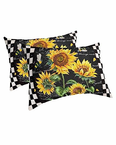 Sunflower Pillow Covers Standard Size Set of 2 20x26 Bed Pillow, Farmhouse Spring Floral Bee Rustic Black White Plaid Plush Soft Comfort for Hair/ Skin Cooling Pillowcases with Envelop Closure