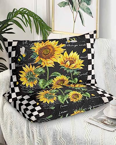 Sunflower Pillow Covers Standard Size Set of 2 20x26 Bed Pillow, Farmhouse Spring Floral Bee Rustic Black White Plaid Plush Soft Comfort for Hair/ Skin Cooling Pillowcases with Envelop Closure