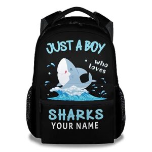 beoiibird custom shark backpack for boys, 16 inch black backpacks for school, cute lightweight bookbag for kids