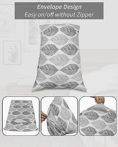 Edwiinsa Grey Leaves Pillow Covers King Standard Set of 2 20x36 Bed Pillow, Gray Summer Tropical Plant Aesthetics Plush Soft Comfort for Hair/Skin Cooling Pillowcases with Envelop Closure