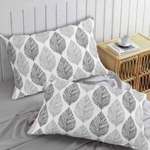 Edwiinsa Grey Leaves Pillow Covers King Standard Set of 2 20x36 Bed Pillow, Gray Summer Tropical Plant Aesthetics Plush Soft Comfort for Hair/Skin Cooling Pillowcases with Envelop Closure