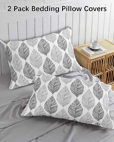 Edwiinsa Grey Leaves Pillow Covers King Standard Set of 2 20x36 Bed Pillow, Gray Summer Tropical Plant Aesthetics Plush Soft Comfort for Hair/Skin Cooling Pillowcases with Envelop Closure