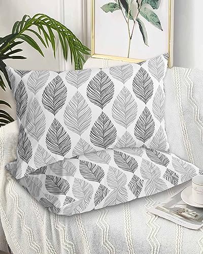 Edwiinsa Grey Leaves Pillow Covers King Standard Set of 2 20x36 Bed Pillow, Gray Summer Tropical Plant Aesthetics Plush Soft Comfort for Hair/Skin Cooling Pillowcases with Envelop Closure