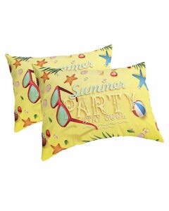 edwiinsa summer beach party pillow covers king standard set of 2 20x36 bed pillow, tropical leaves starfish seashells yellow plush soft comfort for hair/skin cooling pillowcases with envelop closure