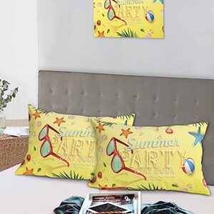 Edwiinsa Summer Beach Party Pillow Covers King Standard Set of 2 20x36 Bed Pillow, Tropical Leaves Starfish Seashells Yellow Plush Soft Comfort for Hair/Skin Cooling Pillowcases with Envelop Closure