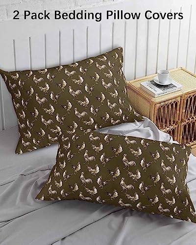 Edwiinsa Farmhouse Rooster Pillow Covers King Standard Set of 2 20x36 Bed Pillow, Rustic Farm Animals Filling Brown Plush Soft Comfort for Hair/Skin Cooling Pillowcases with Envelop Closure