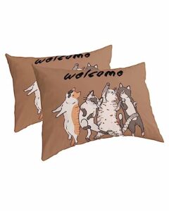 edwiinsa cute cat pillow covers king standard set of 2 20x36 bed pillow, welcome farmhouse animals brown plush soft comfort for hair/skin cooling pillowcases with envelop closure
