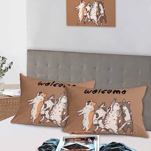 Edwiinsa Cute Cat Pillow Covers King Standard Set of 2 20x36 Bed Pillow, Welcome Farmhouse Animals Brown Plush Soft Comfort for Hair/Skin Cooling Pillowcases with Envelop Closure