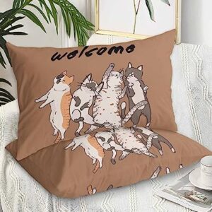 Edwiinsa Cute Cat Pillow Covers King Standard Set of 2 20x36 Bed Pillow, Welcome Farmhouse Animals Brown Plush Soft Comfort for Hair/Skin Cooling Pillowcases with Envelop Closure