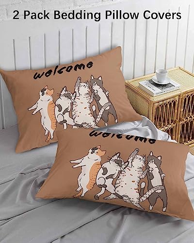 Edwiinsa Cute Cat Pillow Covers King Standard Set of 2 20x36 Bed Pillow, Welcome Farmhouse Animals Brown Plush Soft Comfort for Hair/Skin Cooling Pillowcases with Envelop Closure