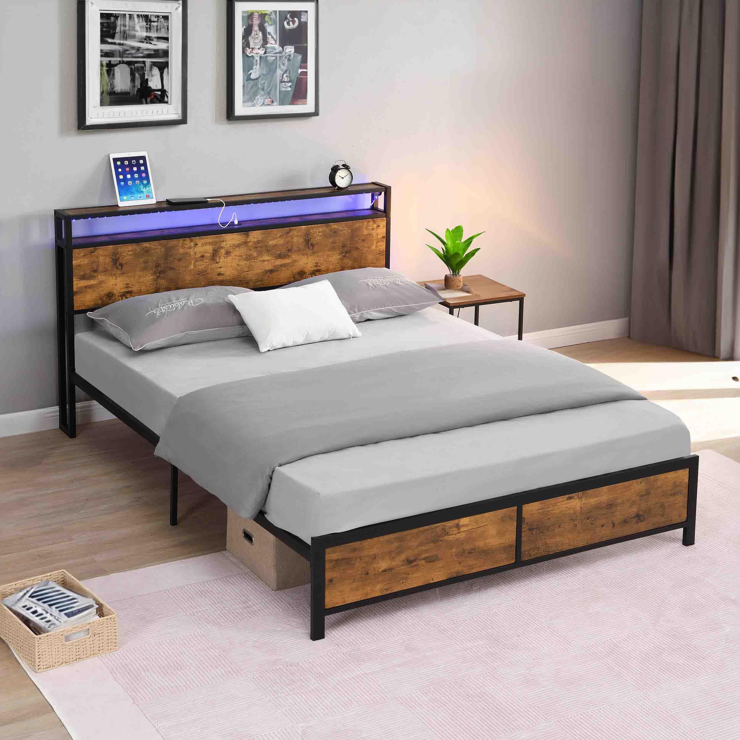 RIDFY Queen Bed Frame with LED Lights and 2 USB Ports, Industrial Platform Bed Frame with 2-Tier Storage Headboard, Heavy Duty Camas/Noise Free/No Box Spring Needed/Brown (86.6x60)