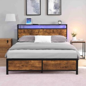 RIDFY Queen Bed Frame with LED Lights and 2 USB Ports, Industrial Platform Bed Frame with 2-Tier Storage Headboard, Heavy Duty Camas/Noise Free/No Box Spring Needed/Brown (86.6x60)