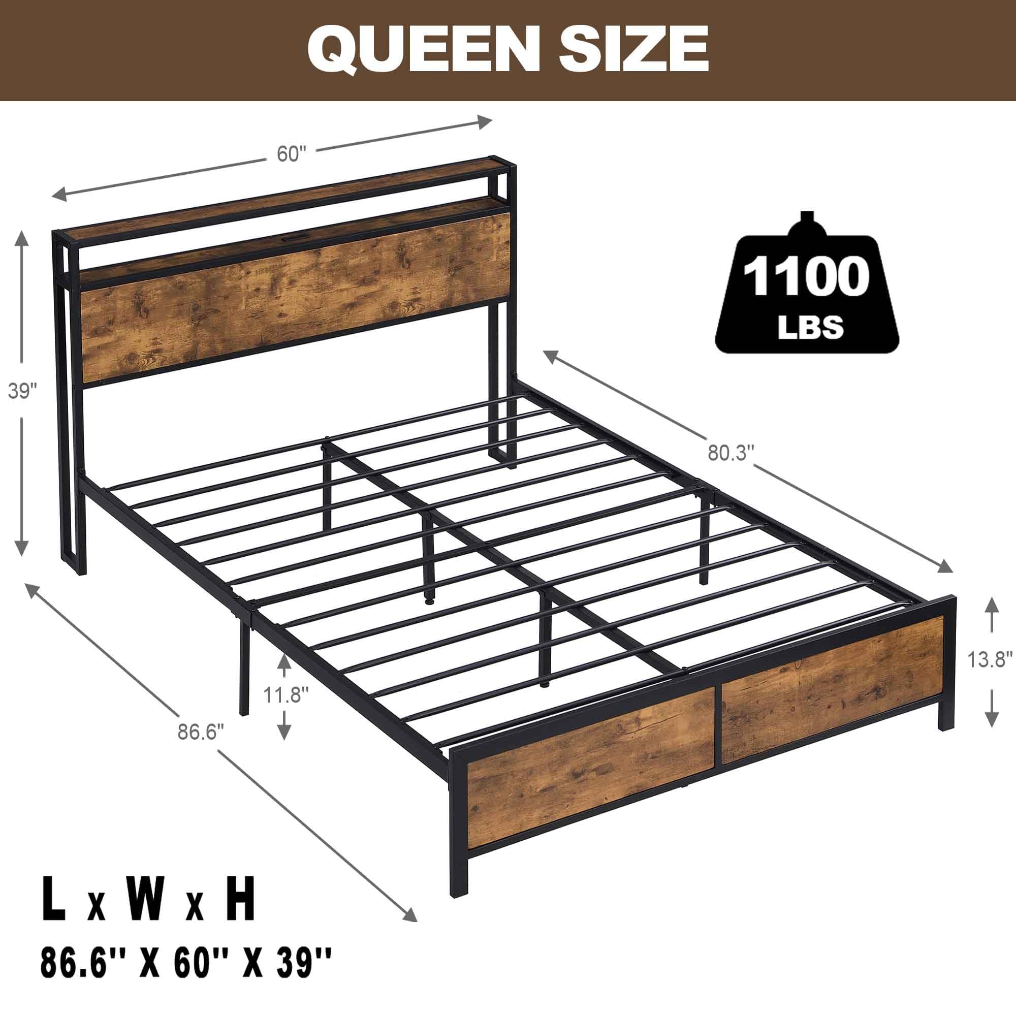 RIDFY Queen Bed Frame with LED Lights and 2 USB Ports, Industrial Platform Bed Frame with 2-Tier Storage Headboard, Heavy Duty Camas/Noise Free/No Box Spring Needed/Brown (86.6x60)