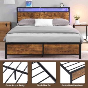 RIDFY Queen Bed Frame with LED Lights and 2 USB Ports, Industrial Platform Bed Frame with 2-Tier Storage Headboard, Heavy Duty Camas/Noise Free/No Box Spring Needed/Brown (86.6x60)