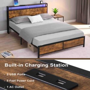 RIDFY Queen Bed Frame with LED Lights and 2 USB Ports, Industrial Platform Bed Frame with 2-Tier Storage Headboard, Heavy Duty Camas/Noise Free/No Box Spring Needed/Brown (86.6x60)