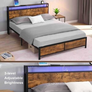 RIDFY Queen Bed Frame with LED Lights and 2 USB Ports, Industrial Platform Bed Frame with 2-Tier Storage Headboard, Heavy Duty Camas/Noise Free/No Box Spring Needed/Brown (86.6x60)