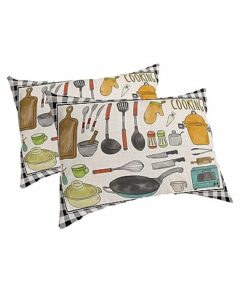 edwiinsa kitchen cooking pillow covers standard size set of 2 20x26 bed pillow, farmhouse rutsic black plaid burlap plush soft comfort for hair/skin cooling pillowcases with envelop closure